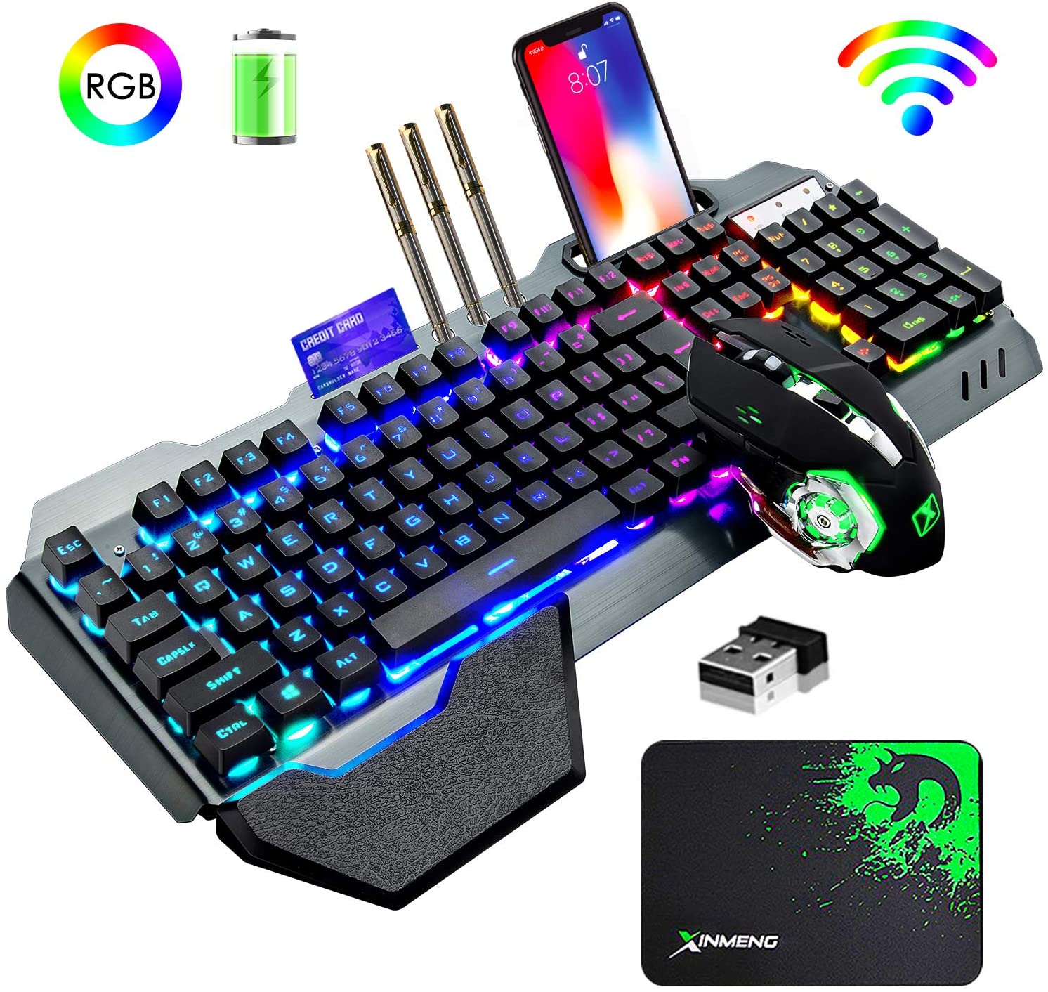 Gaming Keyboard And Mouse Combo Wireless - K680 คีย์บอร์ดเกมไร้สายและเมาส์ Combo,Rainbow LED Backlit คีย์บอร์ดแบบชาร์จไฟได้