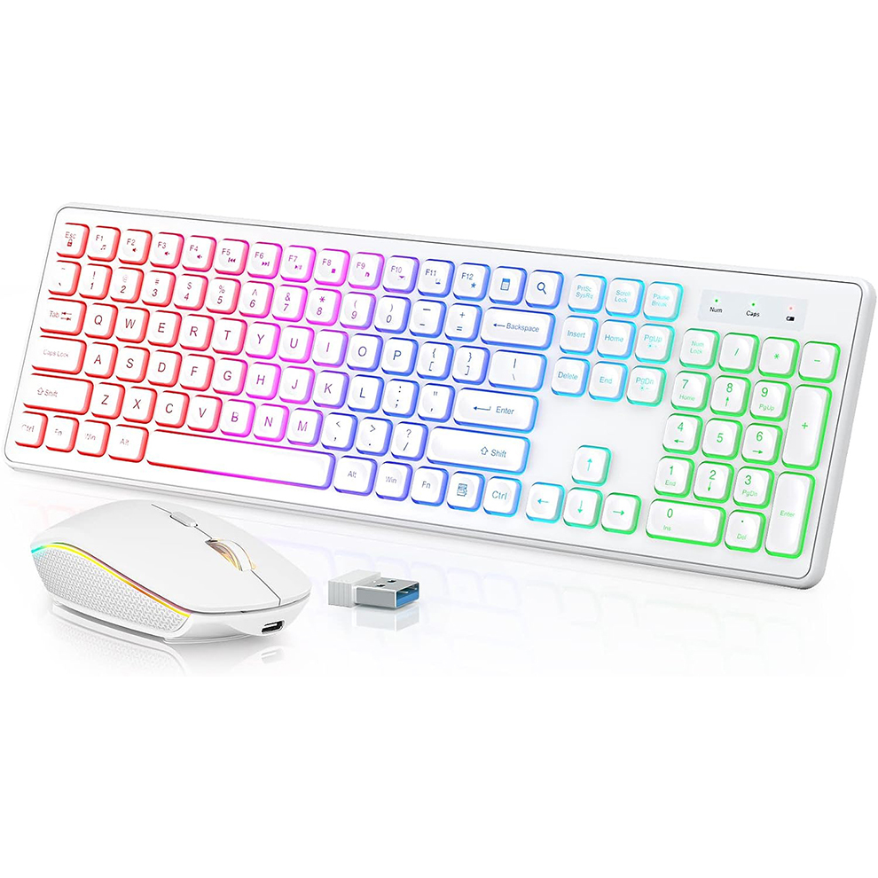 Gaming Keyboard That Is Quiet - คีย์บอร์ดและเมาส์ไร้สายแบบมีไฟพื้นหลัง, ปุ่มเรืองแสงเงียบ, ขาตั้งปรับเอียงได้, ชุดคอมโบไร้สายแบบชาร์จไฟได้ผ่าน USB สำหรับคอมพิวเตอร์,